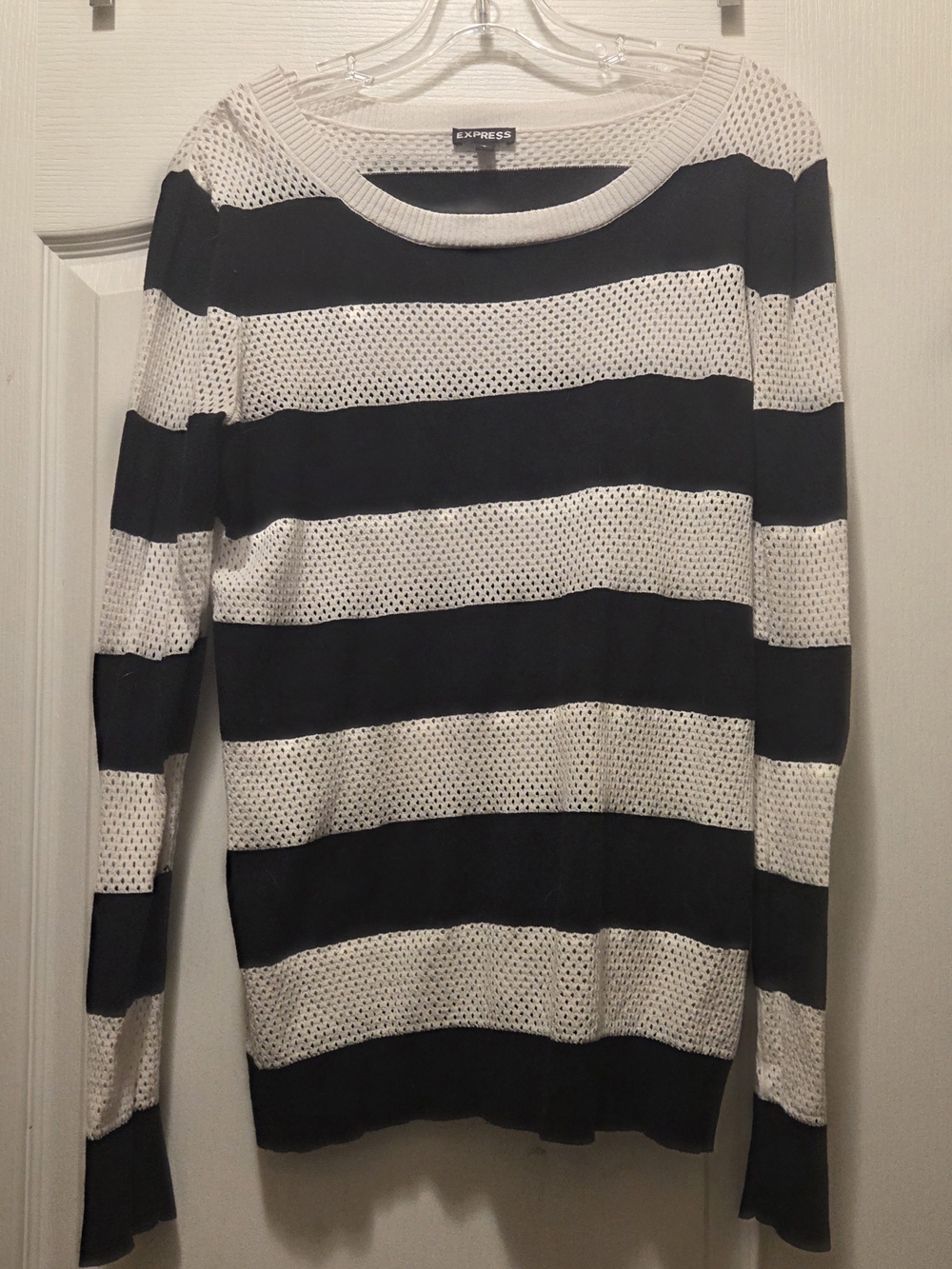 Express Black and White Striped Open-Knit Crew Sweater